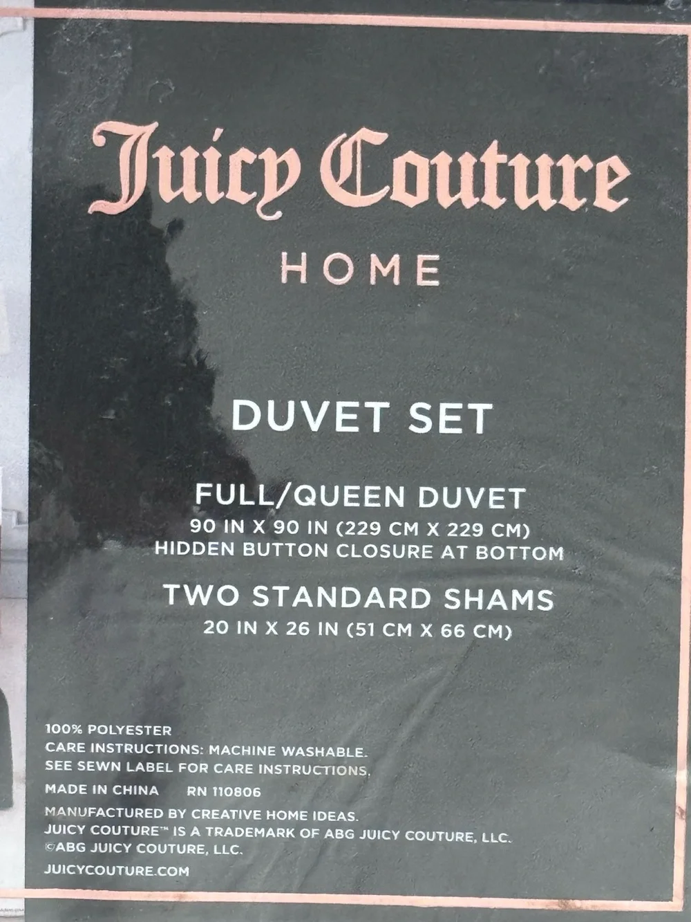 New Juicy Couture Black Full Queen Duvet Two Sham Set 90 x 90